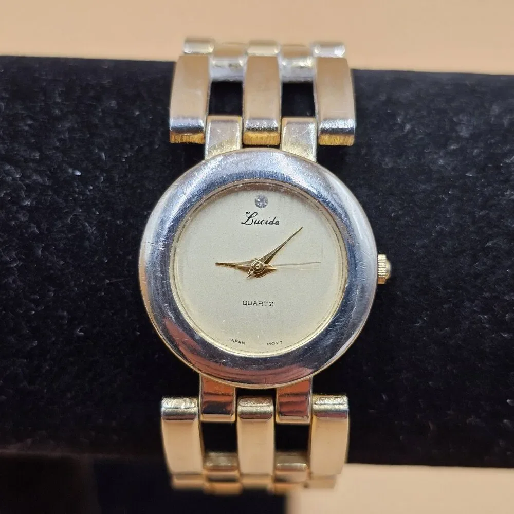 Vtg Lucida Cream Dial Diamond Quartz Stainless Steel Ladies Watch New Battery